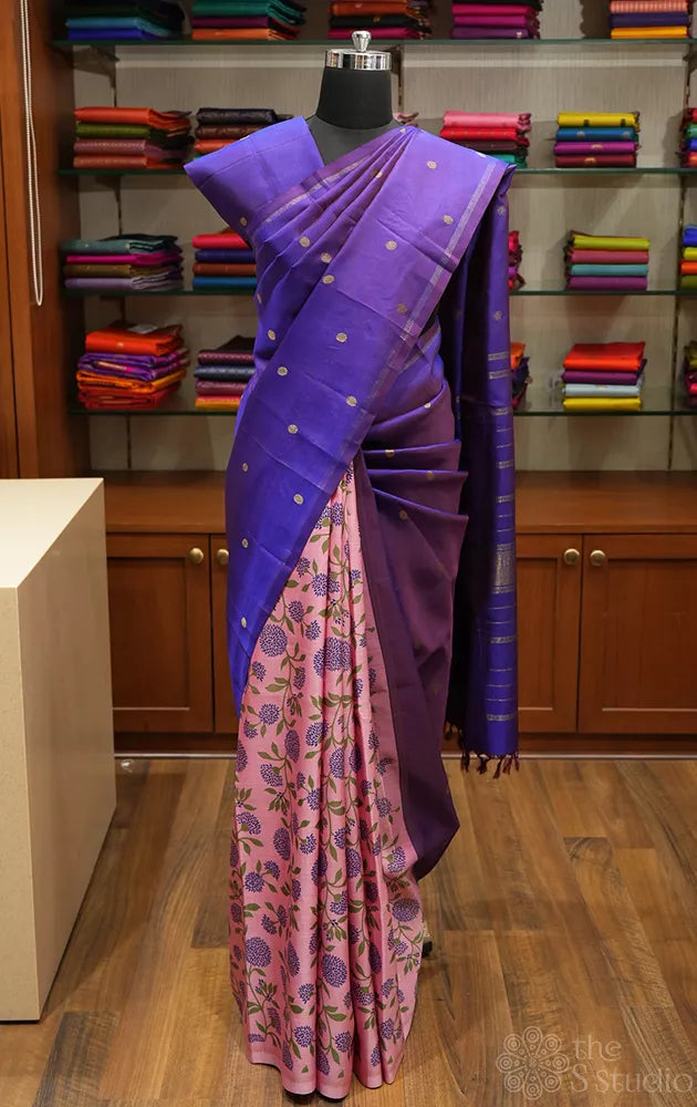 Light pink and violet reversible kanchipuram silk saree with prints