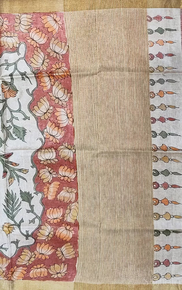 Off white hand painted kalamkari tussar silk saree