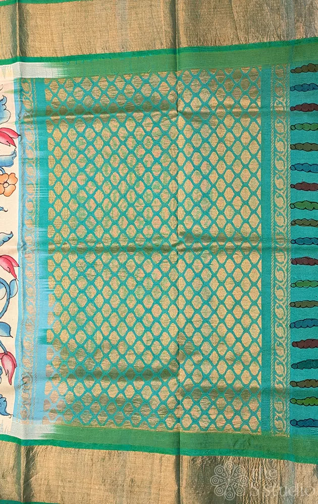 White original handpainted kalamkari saree in silk cotton with blue border