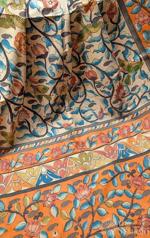 Beige kanchi kalamkari saree with orange border