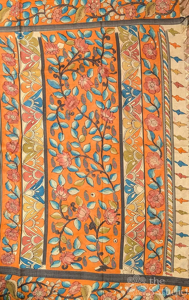 Beige kanchi kalamkari saree with orange border