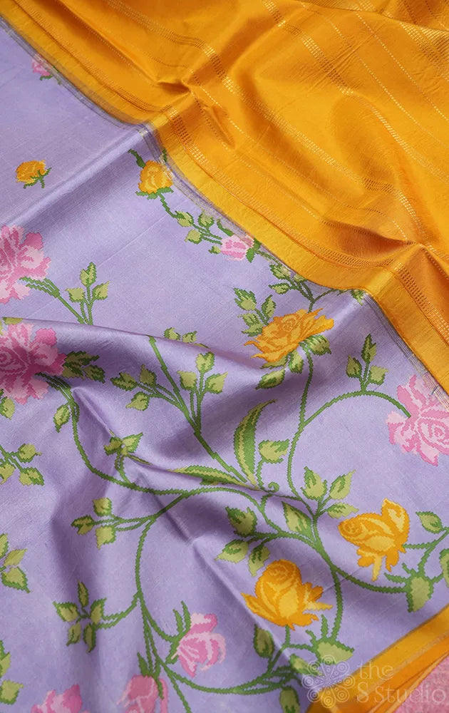 Lavendar digital printed kanchipuram silk saree with mustard pallu