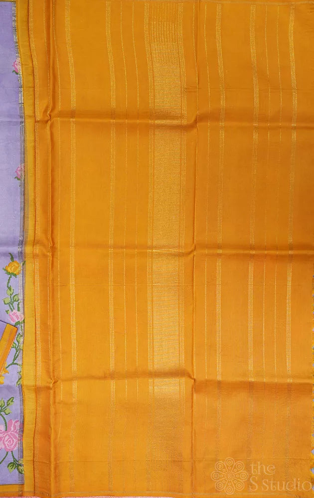 Lavendar digital printed kanchipuram silk saree with mustard pallu