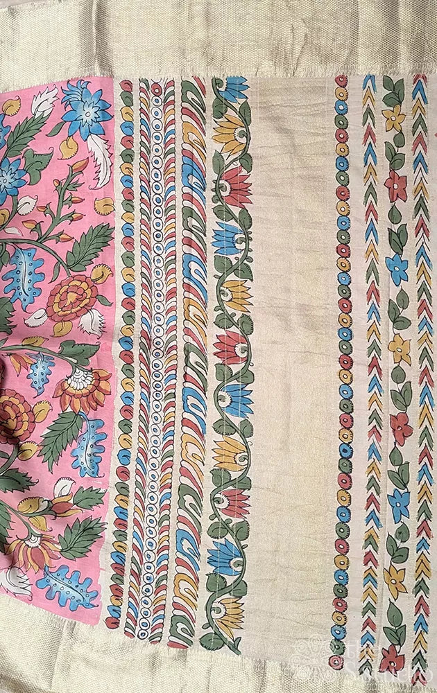Pink pen kalamkari kanchi silk saree with zari border