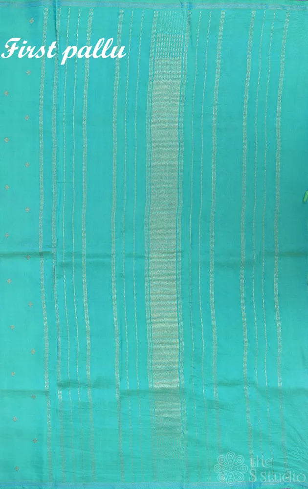 Lavendar and sea green reversible half and half kanchipuram silk saree with floral prints