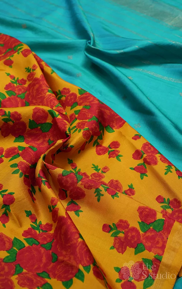 Yellow and sea green reversible digital printed kanchi silk saree