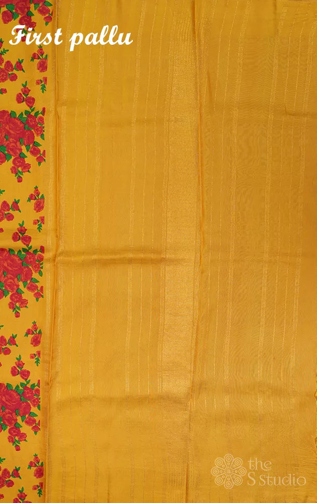 Yellow and sea green reversible digital printed kanchi silk saree