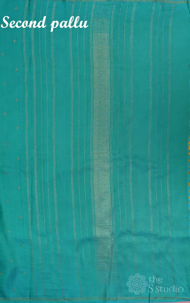 Yellow and sea green reversible digital printed kanchi silk saree