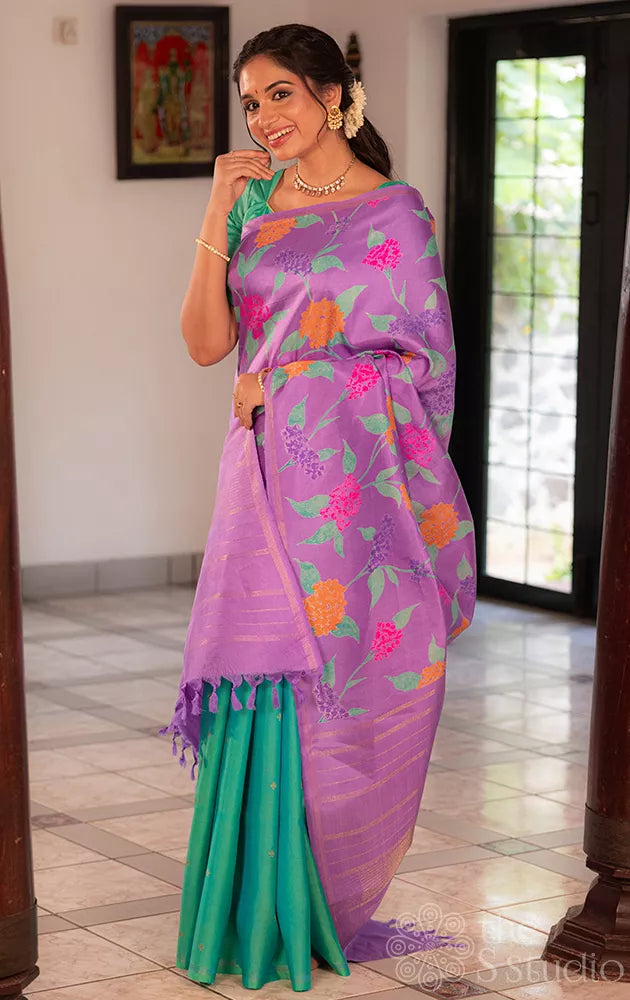 Lavendar print and sea green reversible kanchi silk saree