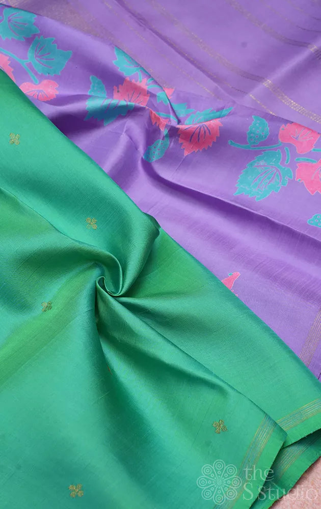 Lavendar print and sea green reversible kanchi silk saree