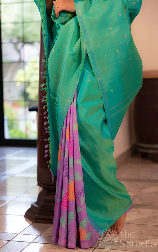 Lavendar print and sea green reversible kanchi silk saree