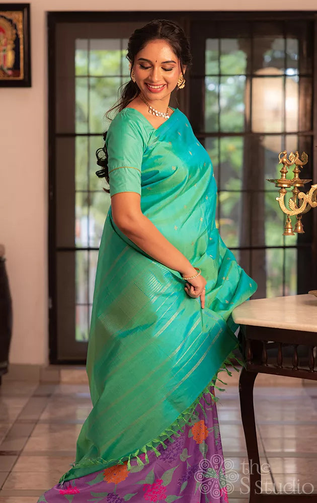 Lavendar print and sea green reversible kanchi silk saree