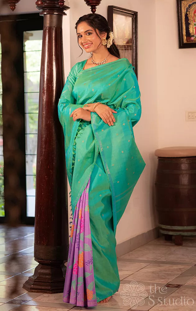 Lavendar and sea green reversible half and half kanchipuram silk saree with floral prints