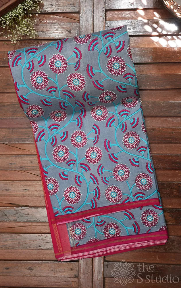 Grey printed kanchi silk saree with red pallu