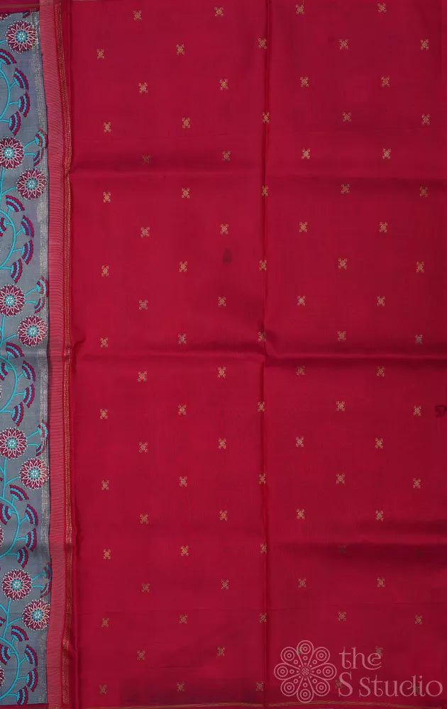 Grey printed kanchi silk saree with red pallu
