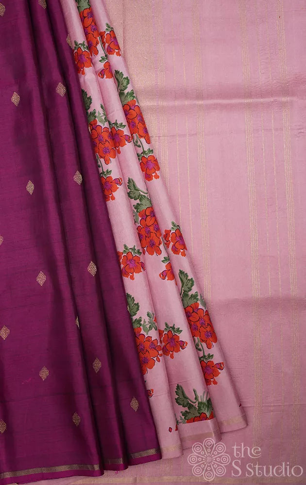 Onion pink & magenta half and half kanchi silk saree with floral prints