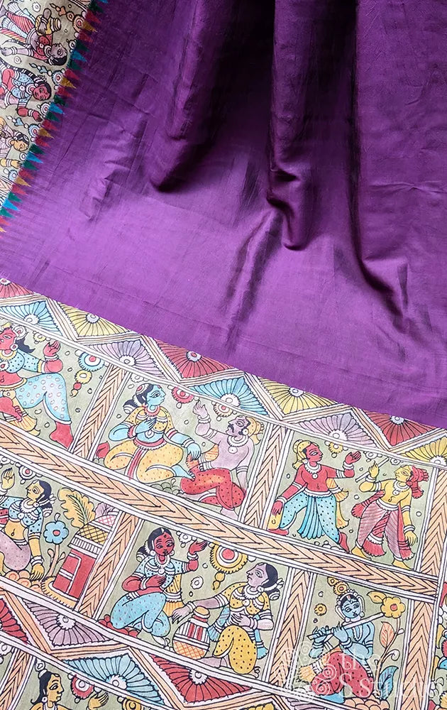 Violet ikkat silk saree with hand painted kalamkari  in village theme