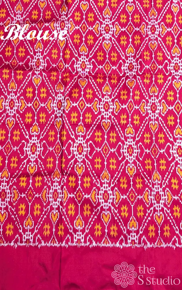 Cream ikat silk saree with hand painted kalamkari and red ikat border
