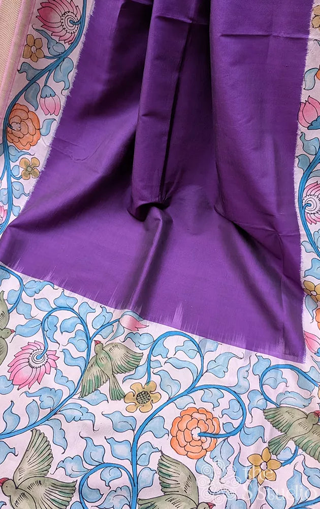 Violet ikkat silk saree with hand painted kalamkari and zari border