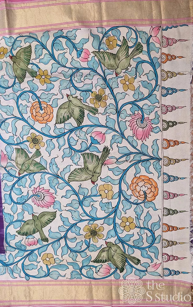 Violet ikkat silk saree with hand painted kalamkari and zari border