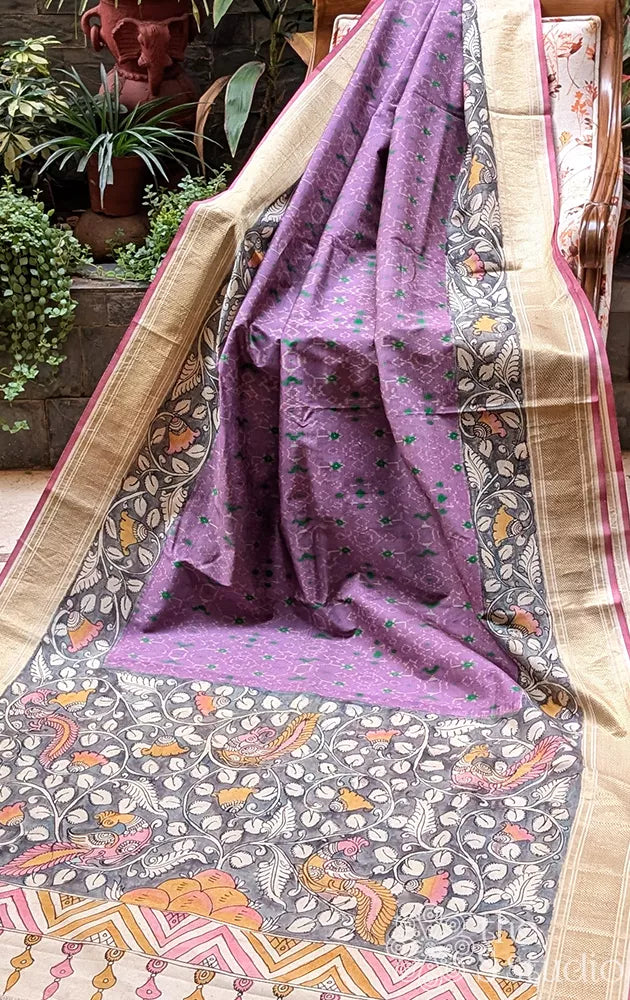Lavender ikkat silk saree with grey hand painted pen kalamkari border