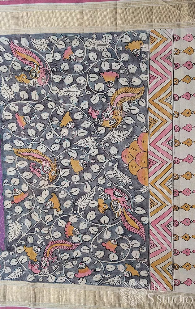 Lavender ikkat silk saree with grey hand painted pen kalamkari border