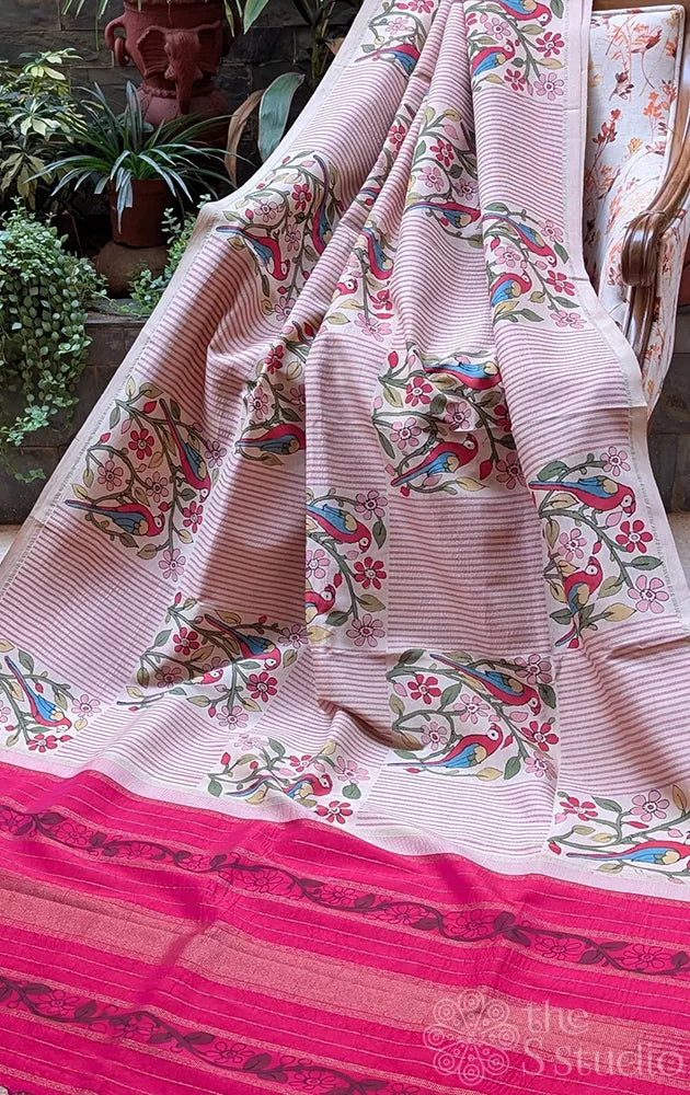Off white kanchipuram silk saree with hand painting kalamkari in box pattern