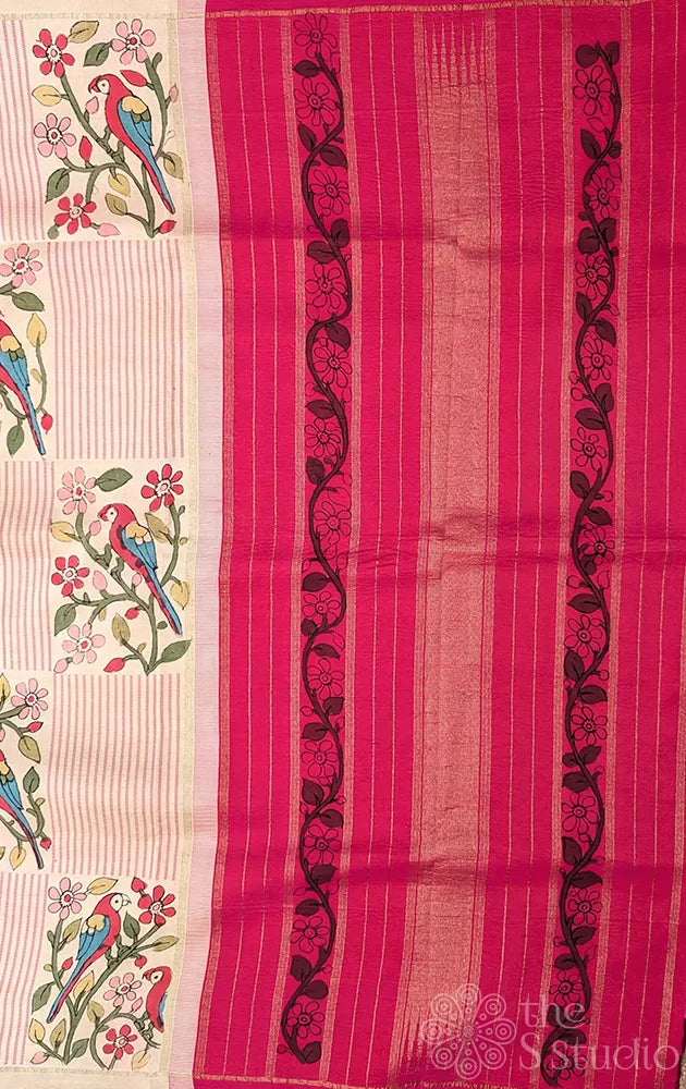 Off white kanchipuram silk saree with hand painting kalamkari in box pattern