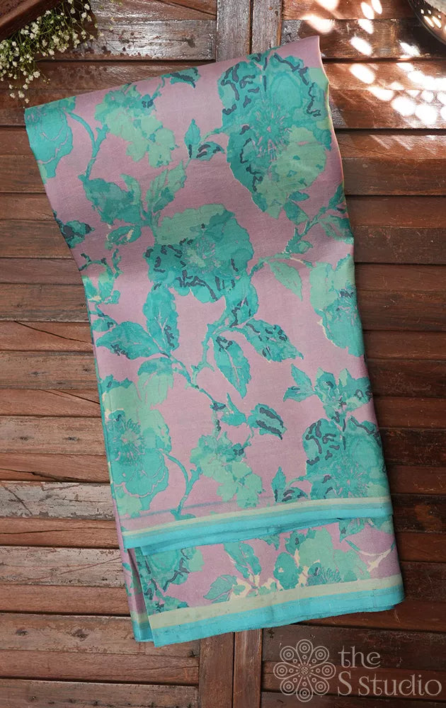 Lavender floral printed kanchipuram silk saree with contrast pallu