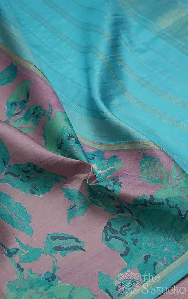 Lavender floral printed kanchipuram silk saree with contrast pallu