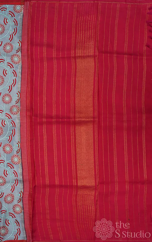 Grey printed kanjivaram silk saree with maroon zari pallu