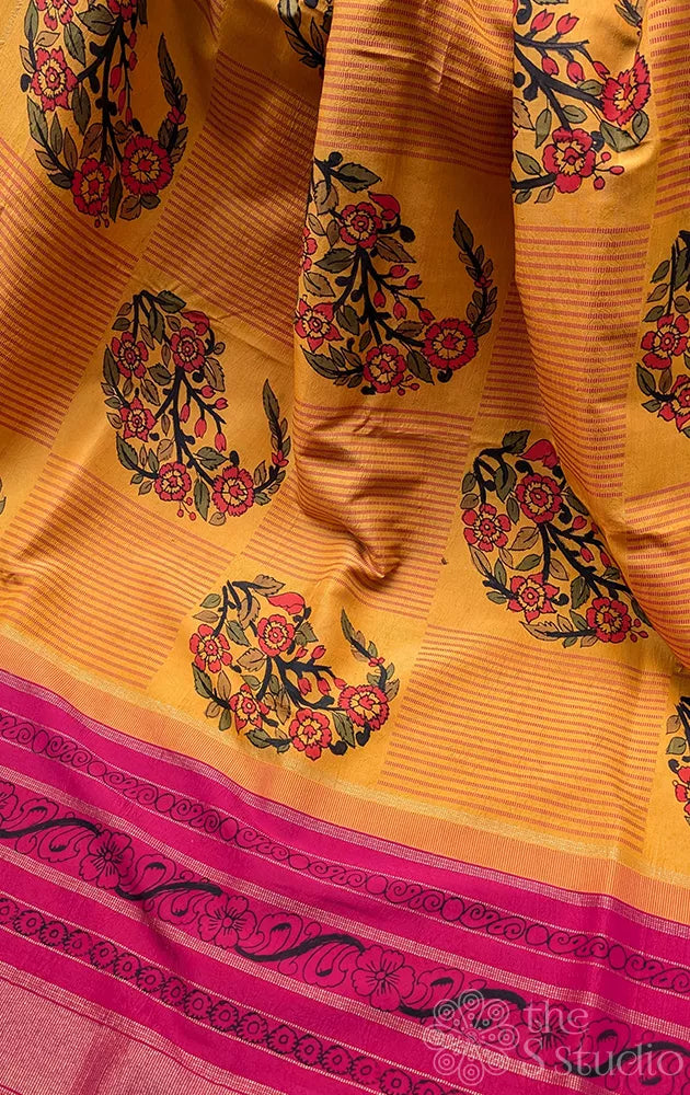 Mango yellow kanchipuram silk saree with hand painting kalamkari in box pattern