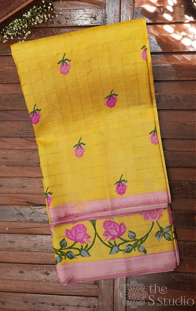 Lemon yellow printed kanjivaram silk saree with zari checks