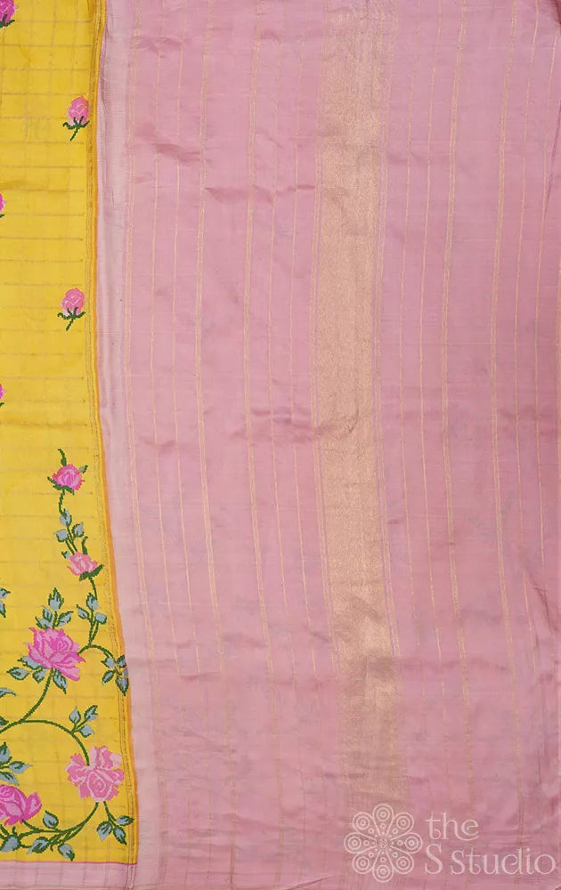 Lemon yellow printed kanjivaram silk saree with zari checks