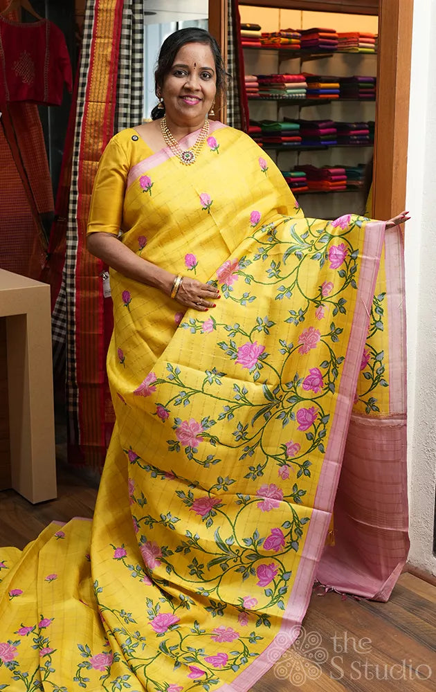 Lemon yellow printed kanjivaram silk saree with zari checks