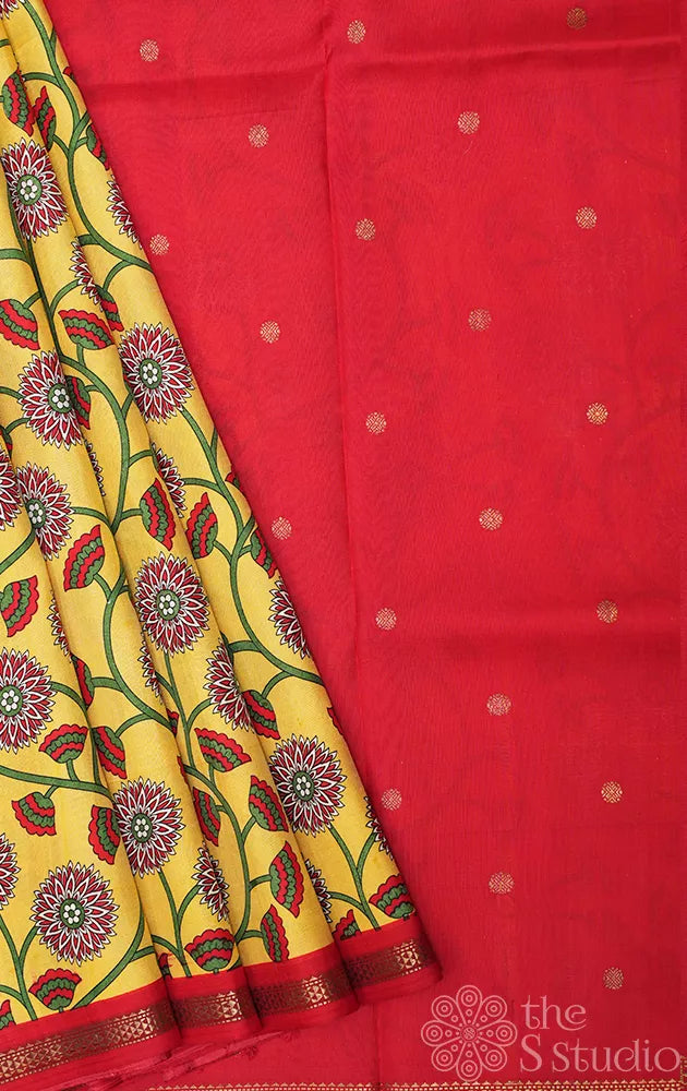 Yellow kanchipuram silk saree with floral print and red pallu