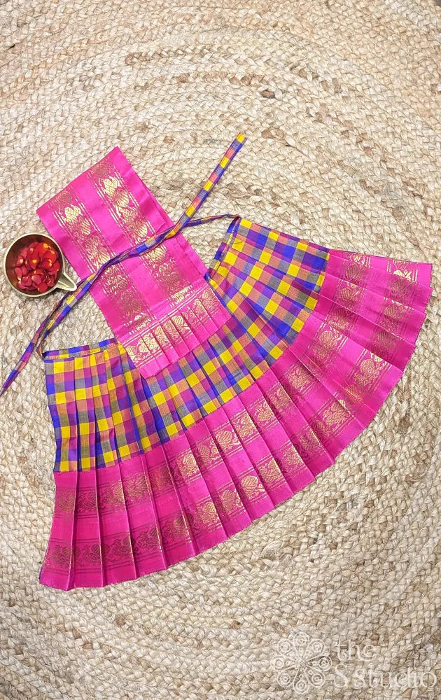 Multicolour checks with pink rettaipet  border goddess vasthram