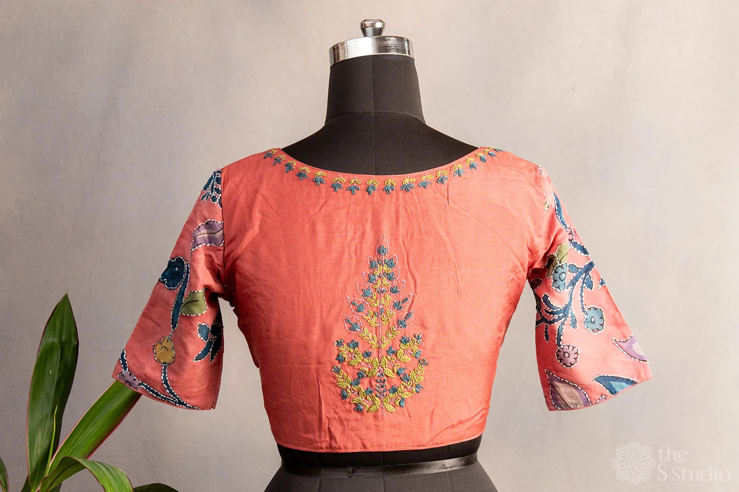 Light salmon pink embroidered silk blouse with kalamkari hand painted sleeves