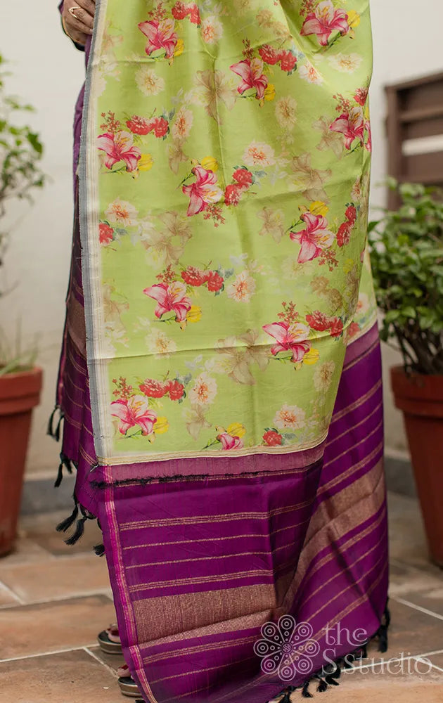 Pastel green kanchi silk dupatta with floral prints