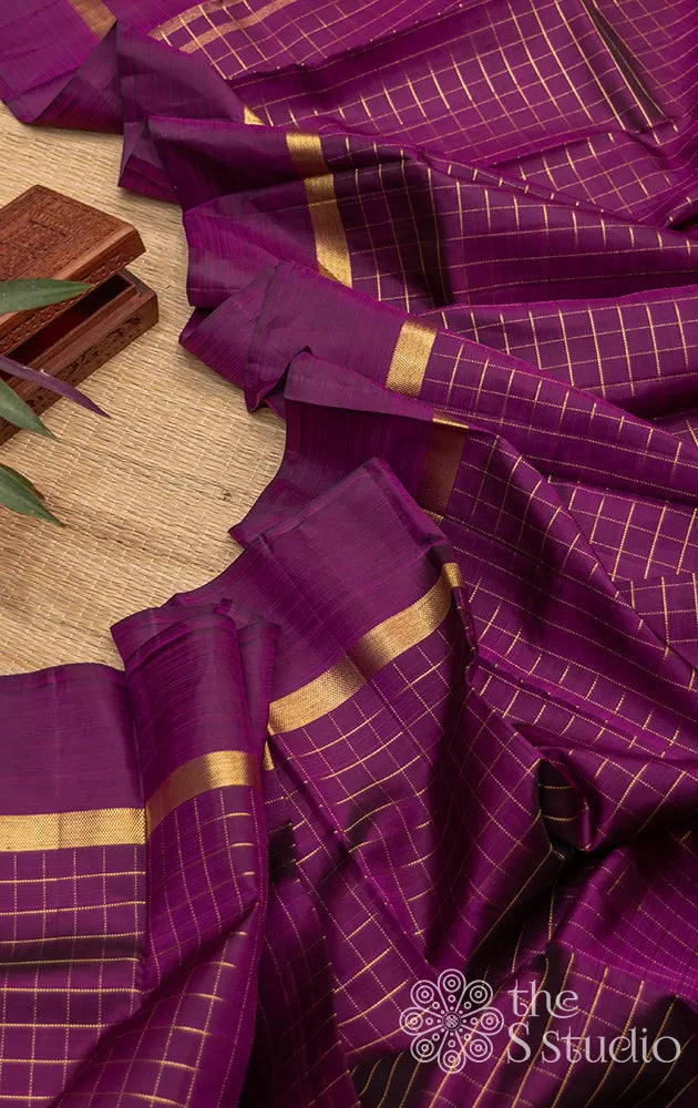 Purple checked kanchi silk dupatta