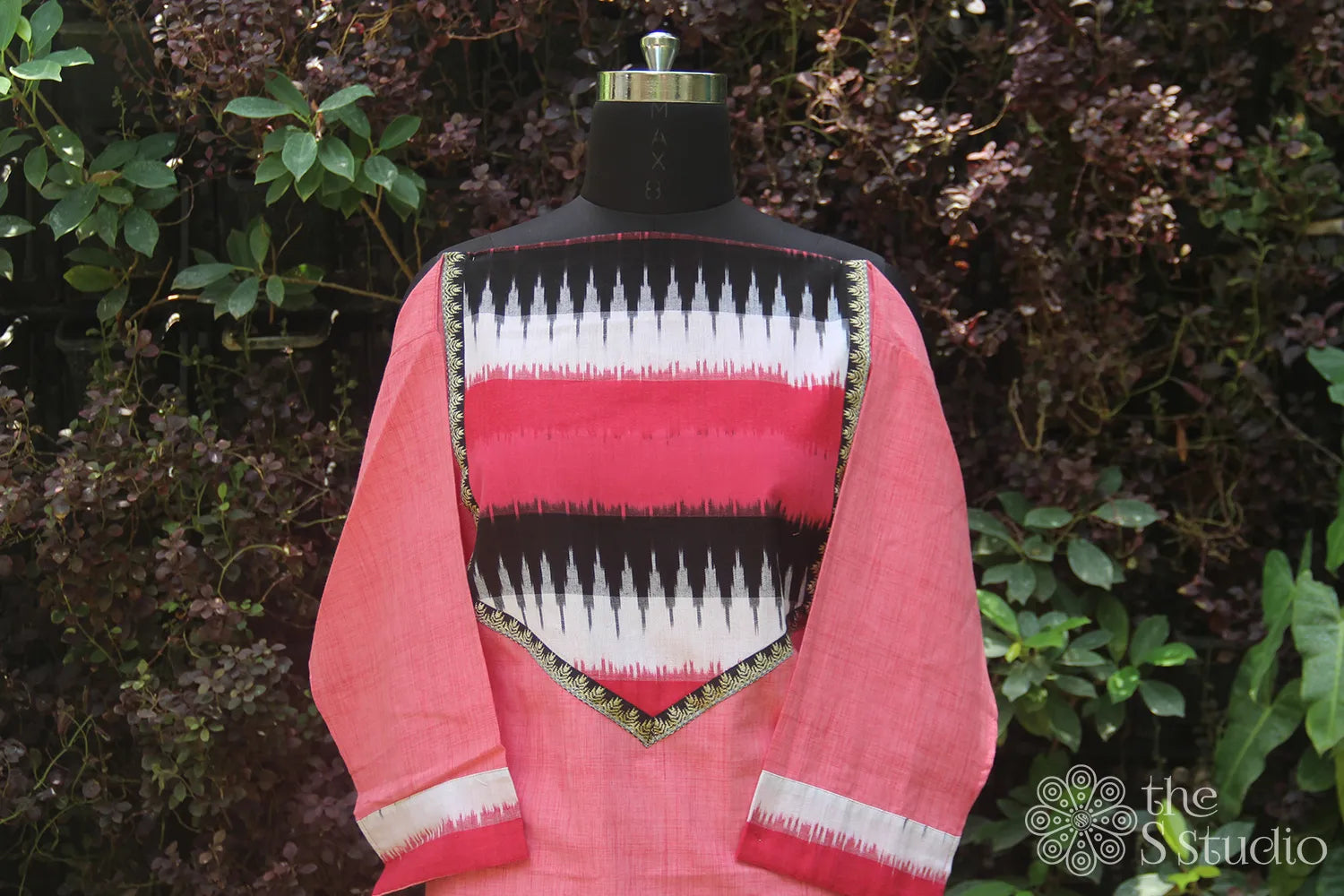 pink chanderi kurti with yoke design in ikat