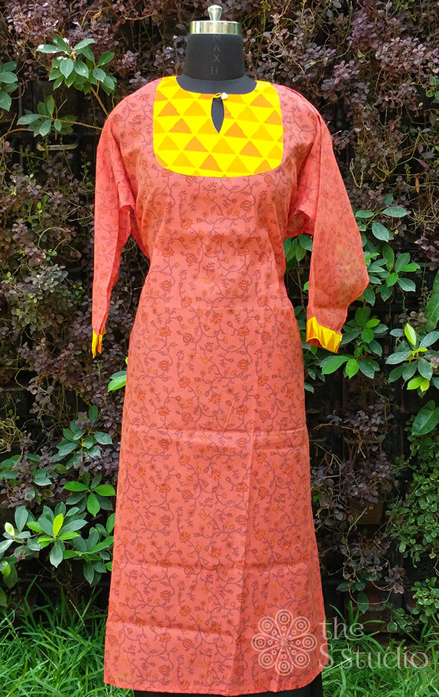 rust chanderi semi stitched kurti with yoke pattern