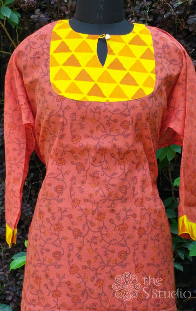rust chanderi semi stitched kurti with yoke pattern