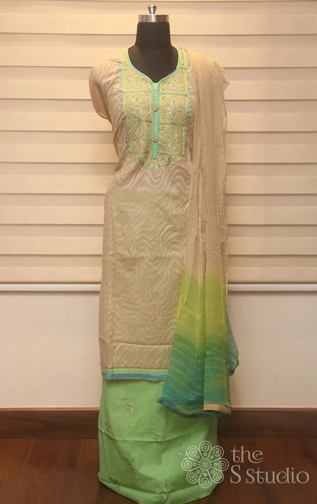 Beige cotton salwar set with green shibori dupatta