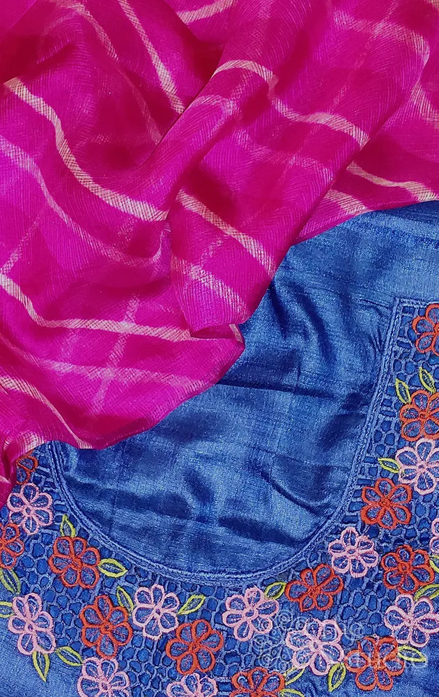 Blue Tussar Silk Salwar Set With Cutwork Design