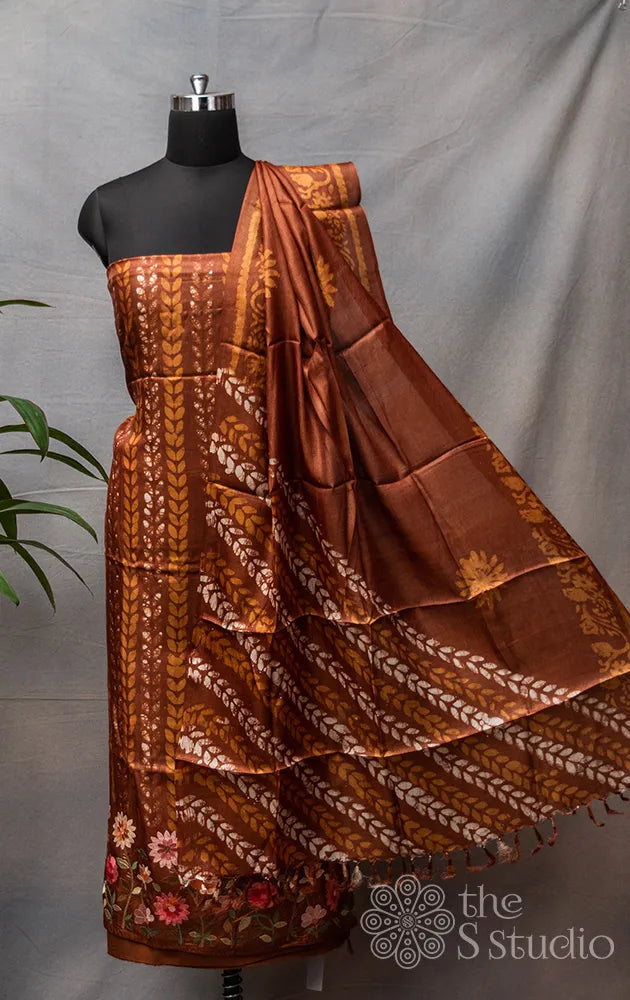 Brown Printed tussar silk salwar set with embroidery