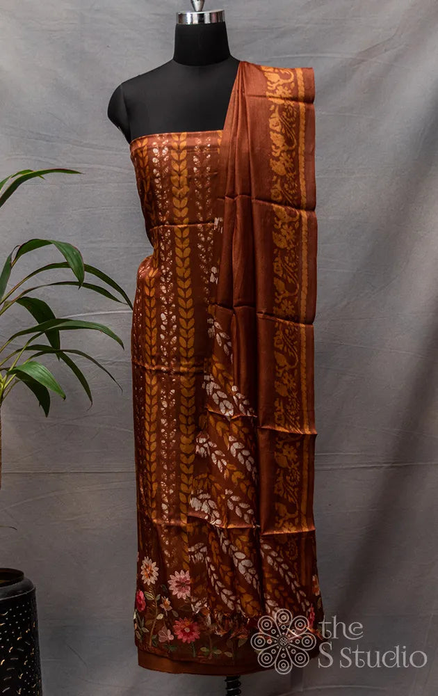 Brown Printed tussar silk salwar set with embroidery