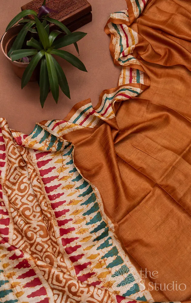 Mustard Printed tussar silk salwar set with embroidery