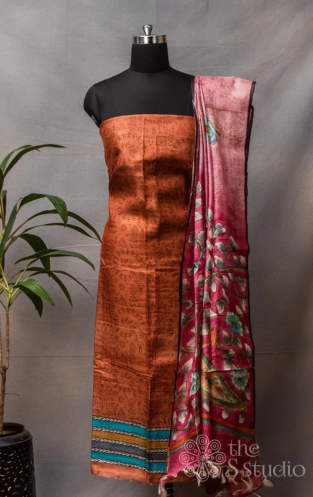 Rust tussar silk salwar set with kalamkari dupatta