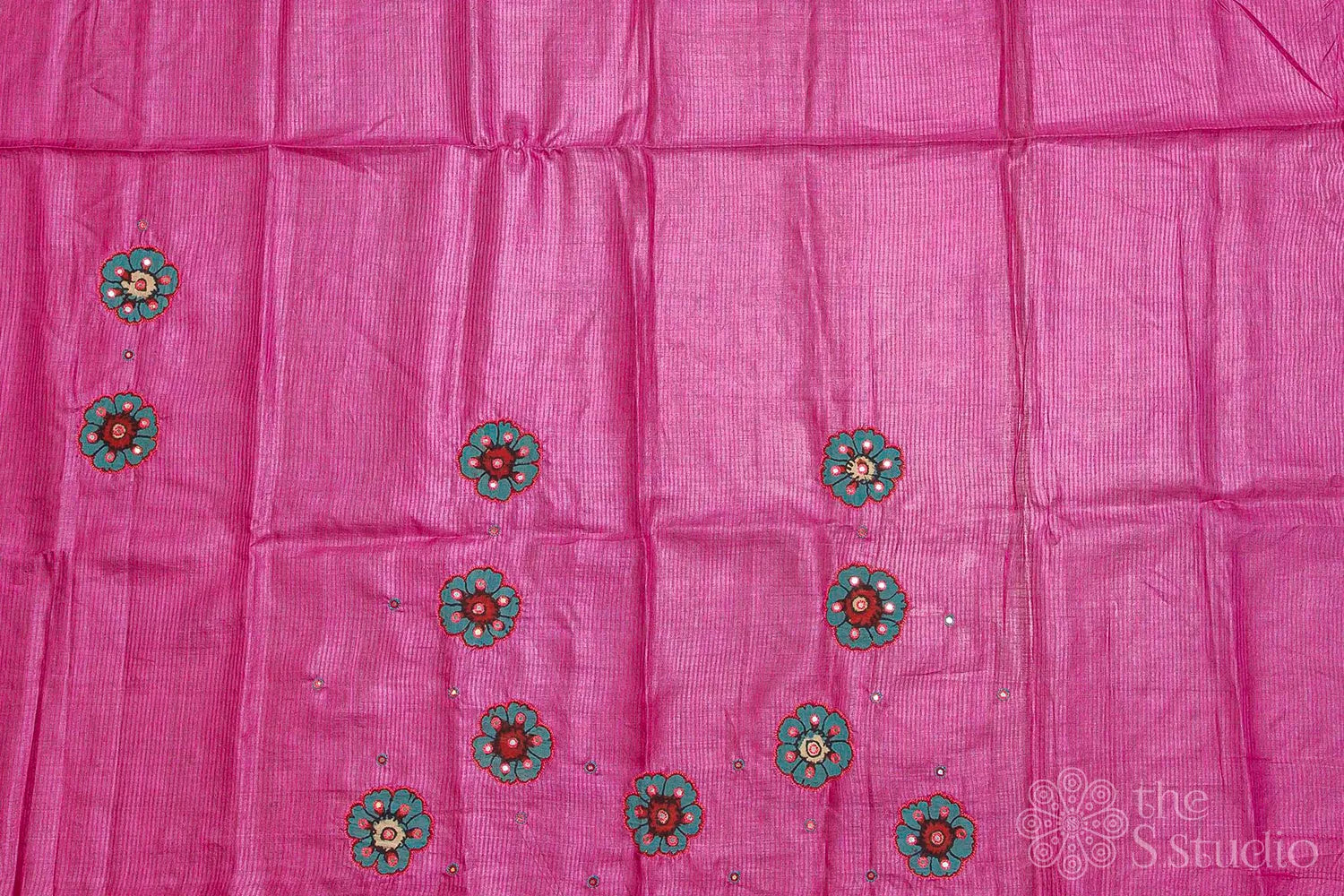 Pink tussar kalamkari applique blouse with mirror work